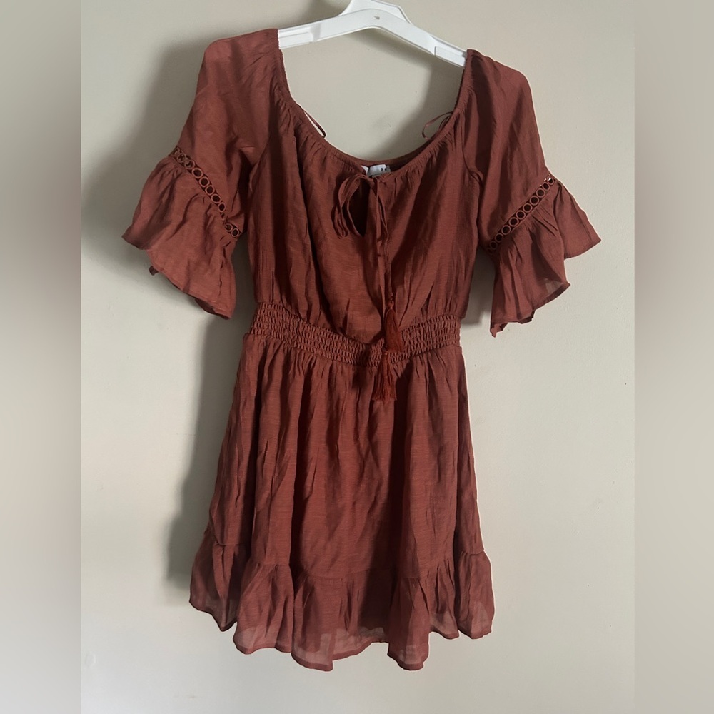 Baltic Born Rust Brown Mini Dress with Ruffle Sleeves